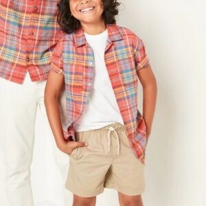 Old Navy Matching Plaid‎ Linen Blend Camp Shirt Boys XL 14-16 Plus Short Sleeve